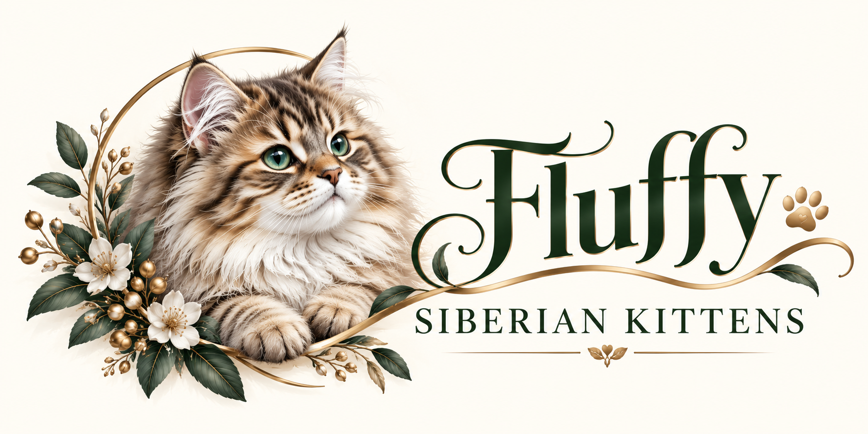 Fluffy Siberian Kittens logo featuring a long-haired kitten, flowers, and green-and-gold lettering.