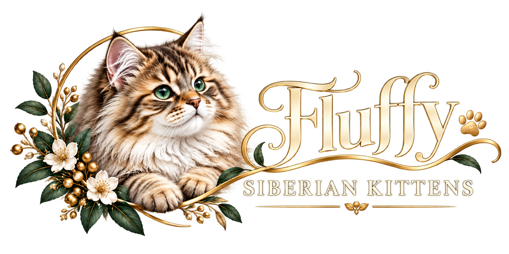 Fluffy Siberian Kittens logo with a kitten, flowers, gold flourishes, and light lettering.