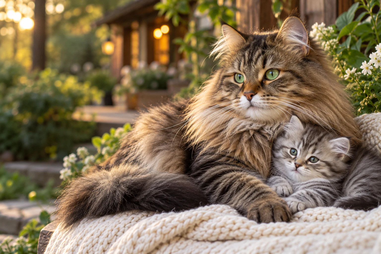 Illustration of a long-haired tabby cat and kitten resting together on a knitted garden blanket.