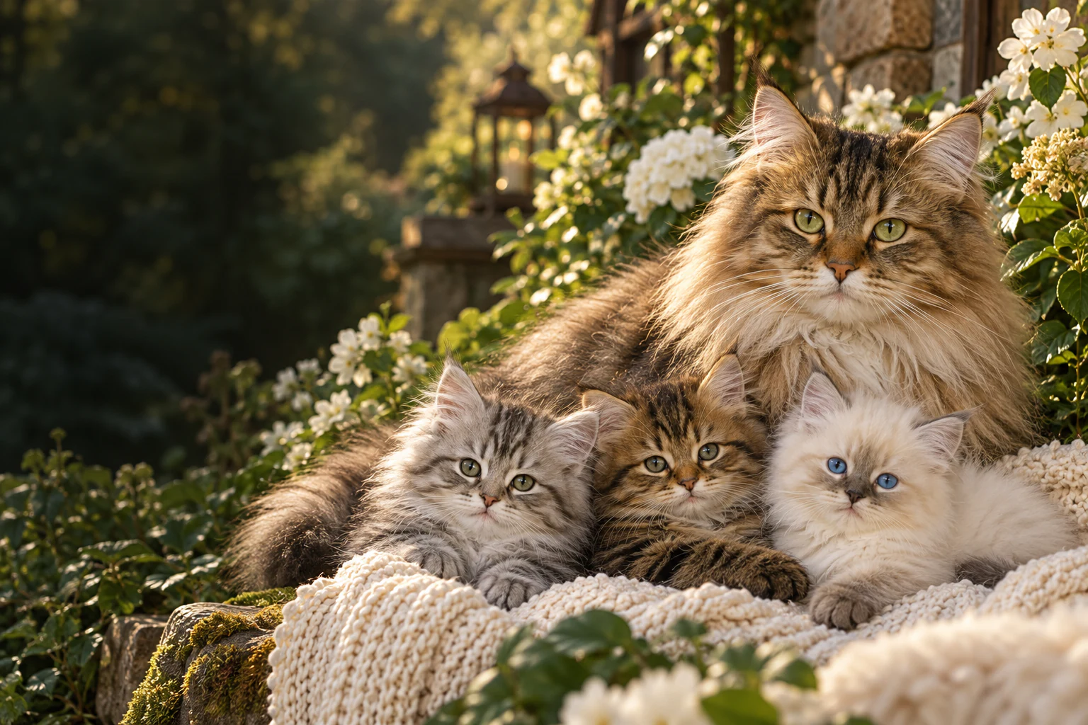 Illustration of a long-haired tabby cat and three kittens resting on a knitted blanket in a garden.